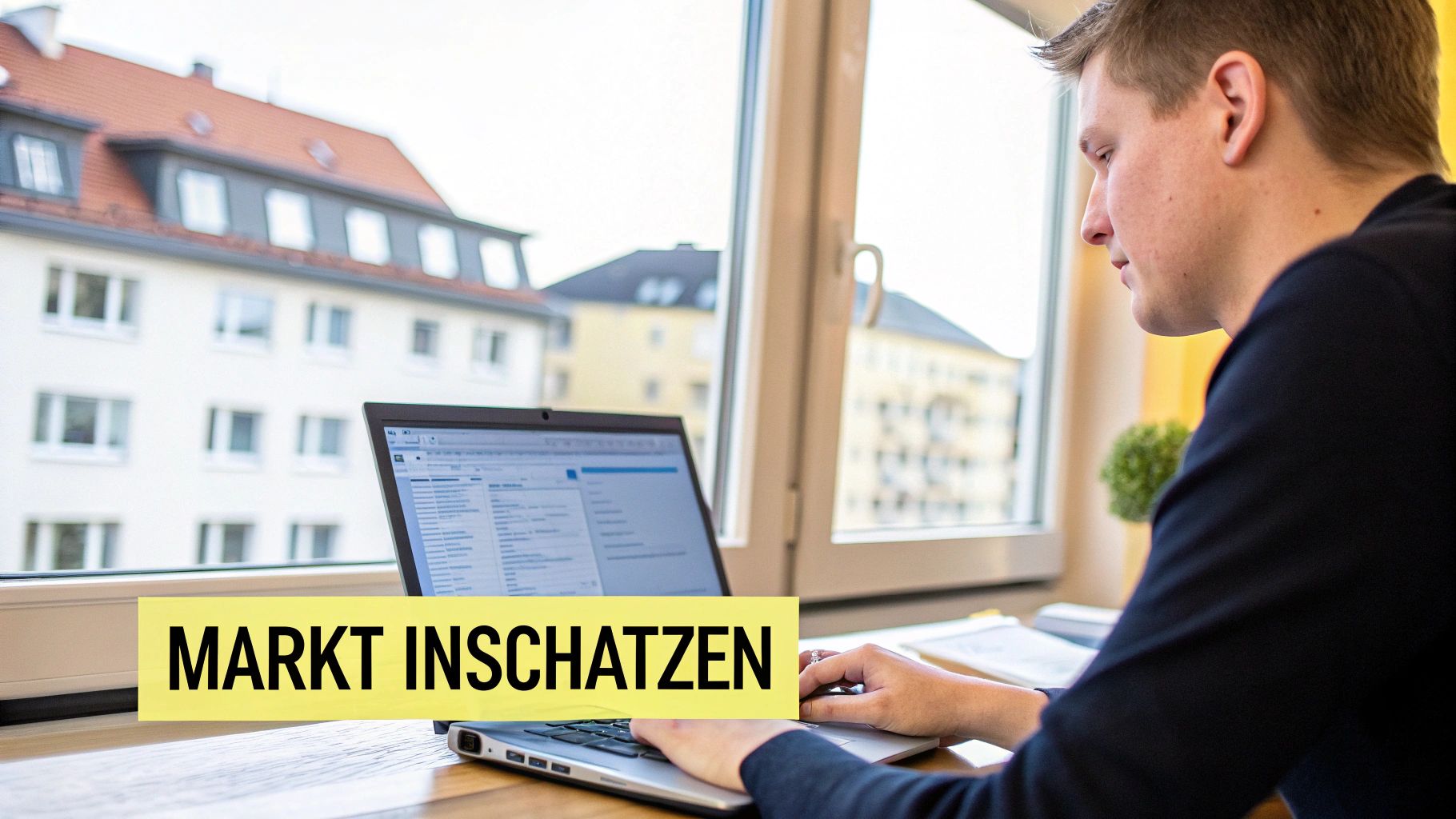 Ein junger Mann arbeitet konzentriert am Laptop vor einem Fenster, überlagert vom Text 'MARKT INSCHÄTZEN'.
