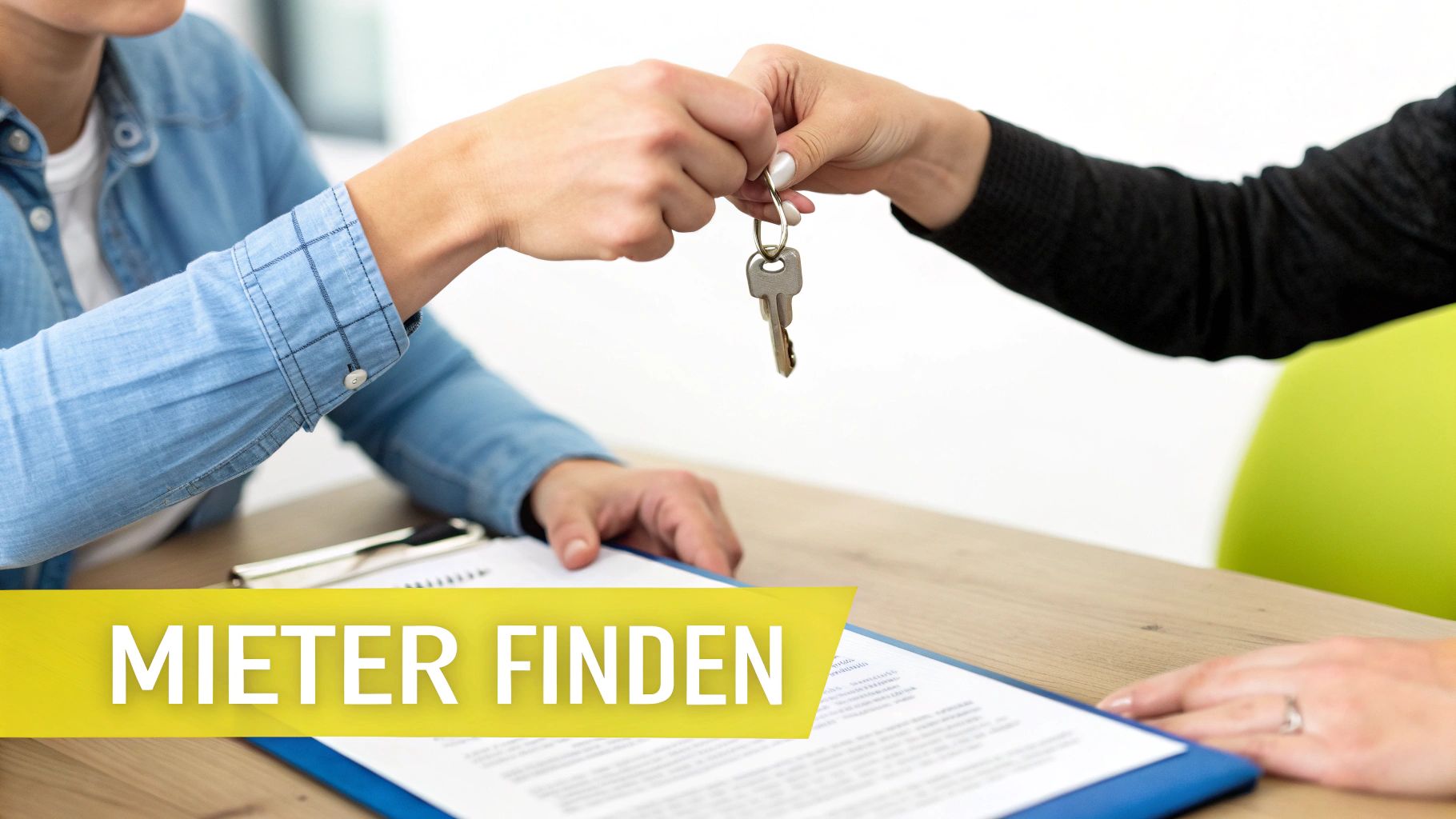 Schlüssel werden über einem Kaufvertrag übergeben, was den erfolgreichen Immobilienkauf symbolisiert.