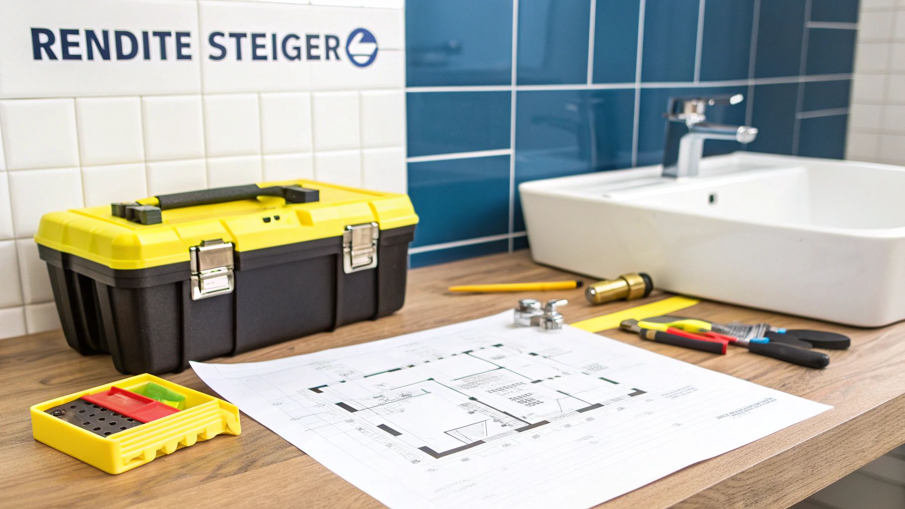 Ein Mann betrachtet Blaupausen und Baupläne, was die Planung zur Steigerung der Immobilienrendite symbolisiert.