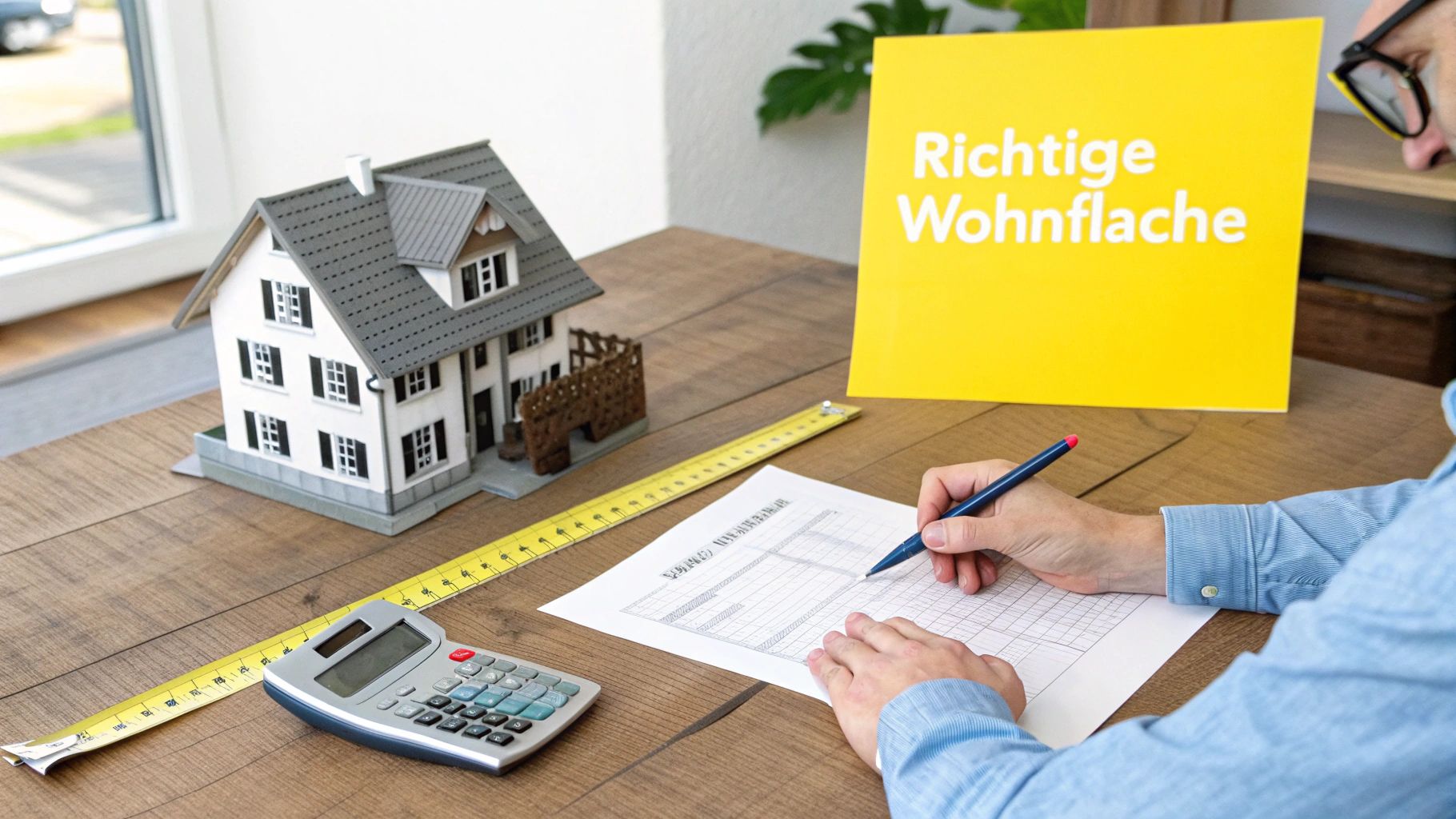 Person berechnet Wohnfläche mit Hausmodell, Taschenrechner und Maßband auf Holztisch.