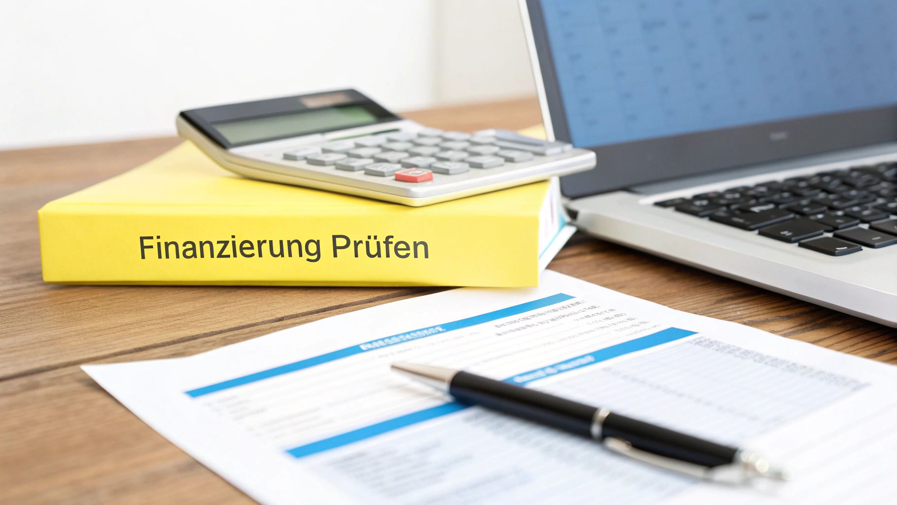 Eine Person überprüft Finanzdokumente und nutzt einen Taschenrechner zur Planung ihrer Immobilienfinanzierung.