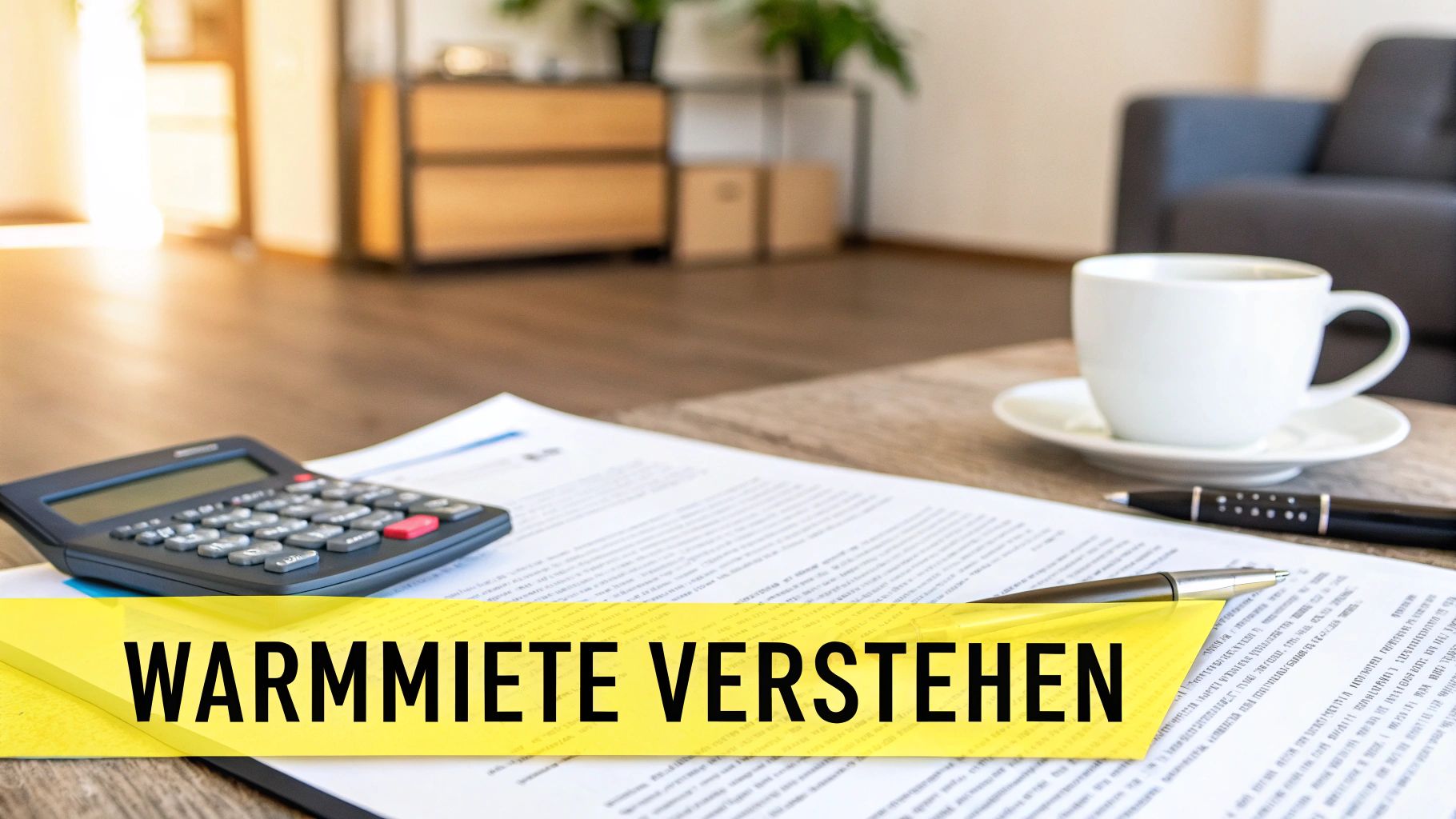Rechner, Dokumente und Kaffee auf einem Tisch, mit dem Banner 'Warmmiete verstehen' in einem Wohnzimmer.