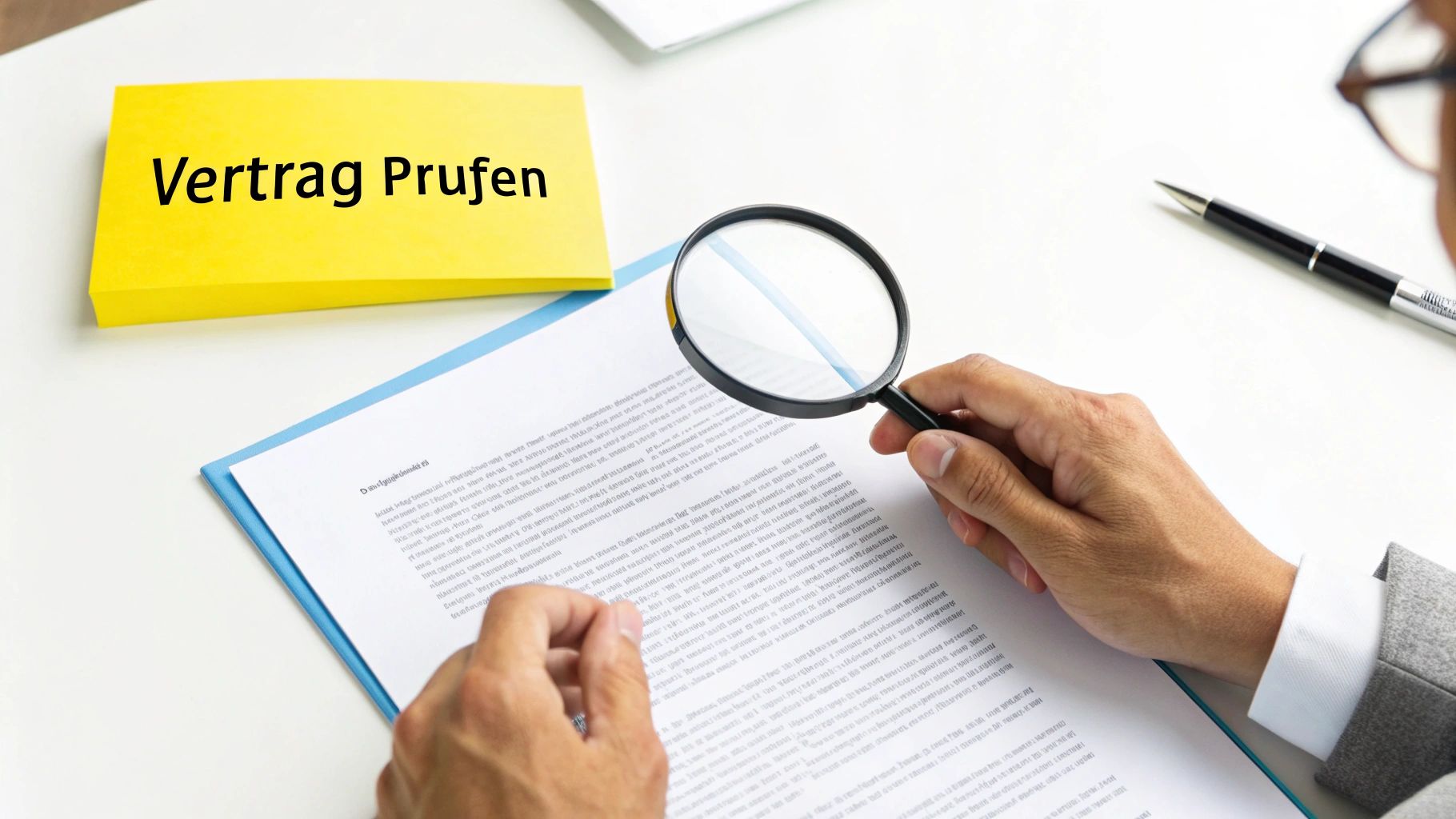 Eine Person prüft einen Vertrag mit einer Lupe auf einem Schreibtisch, daneben ein gelber Zettel mit 'Vertrag Prüfen'.