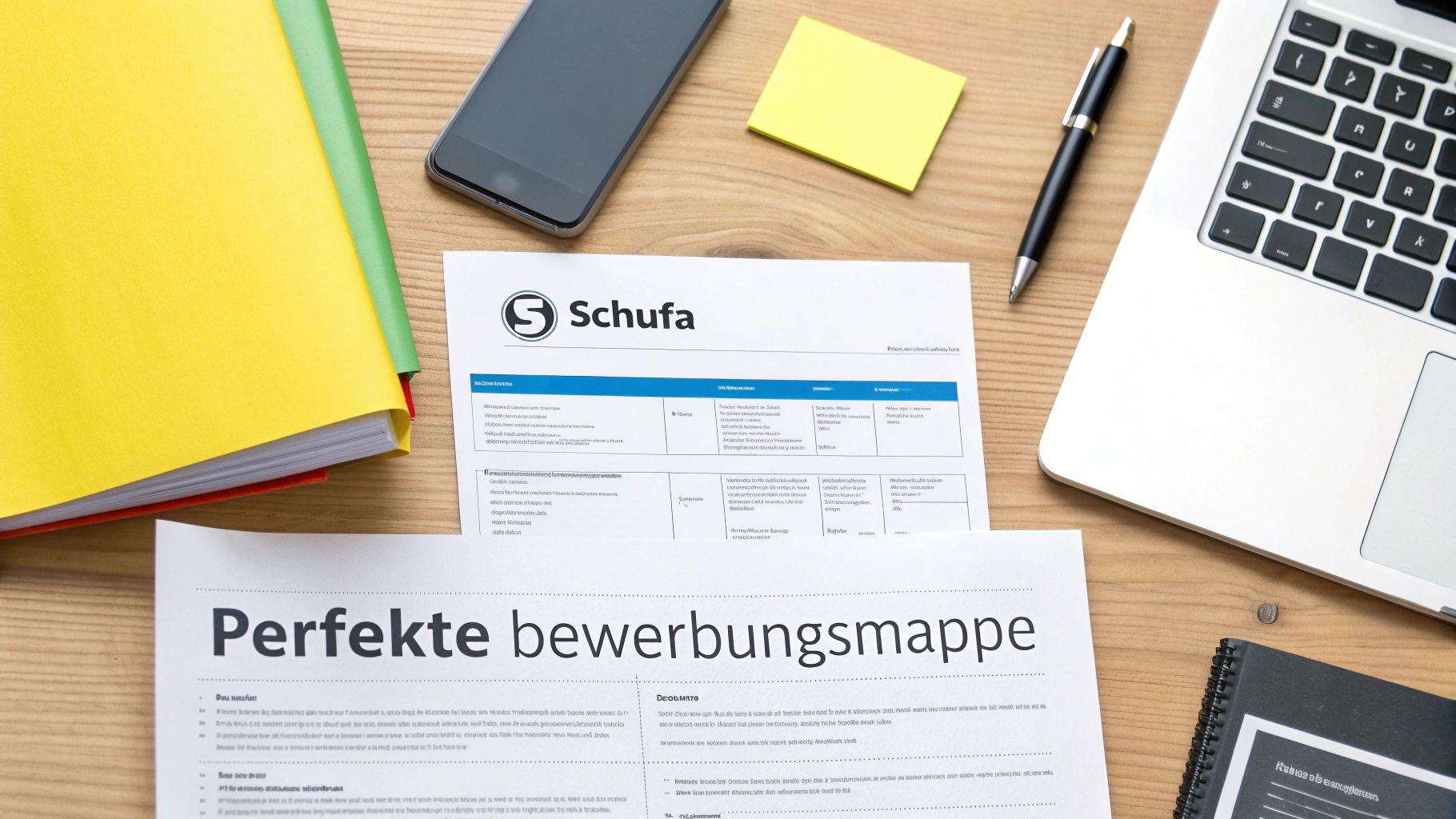 Ein Schreibtisch mit Dokumenten, darunter ein Schufa-Formular und ein Blatt über Bewerbungsmappen, einem Laptop und einem Smartphone.