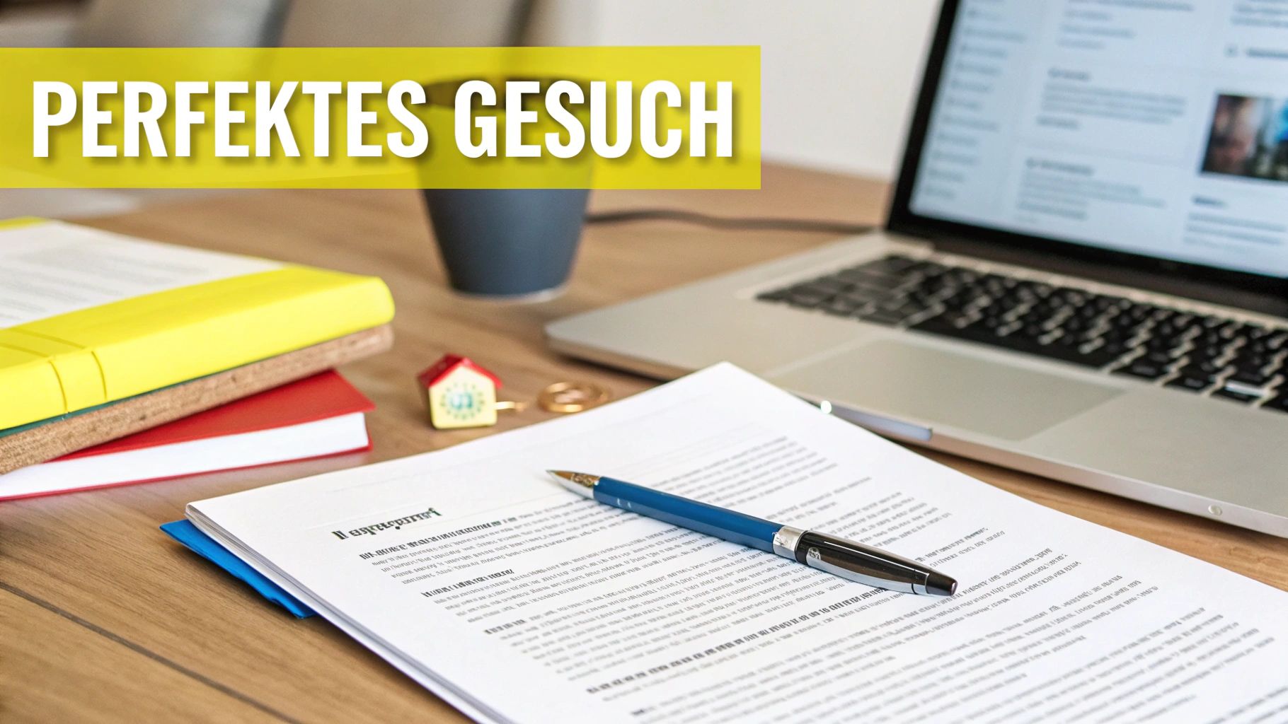 Schreibtisch mit Dokumenten, Stift, Büchern, Laptop und Haus-Schlüsselanhänger, darüber der Schriftzug 'PERFEKTES GESUCH'.