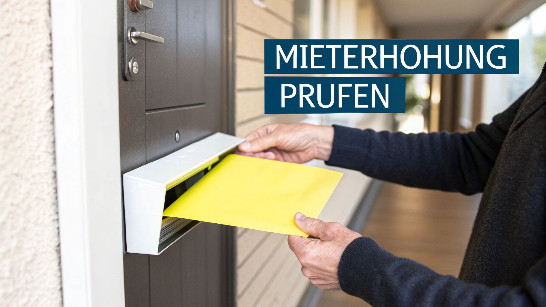 Hände ziehen einen gelben Brief aus einem Briefschlitz an einer Tür mit dem Text 'Mieterhöhung prüfen'.