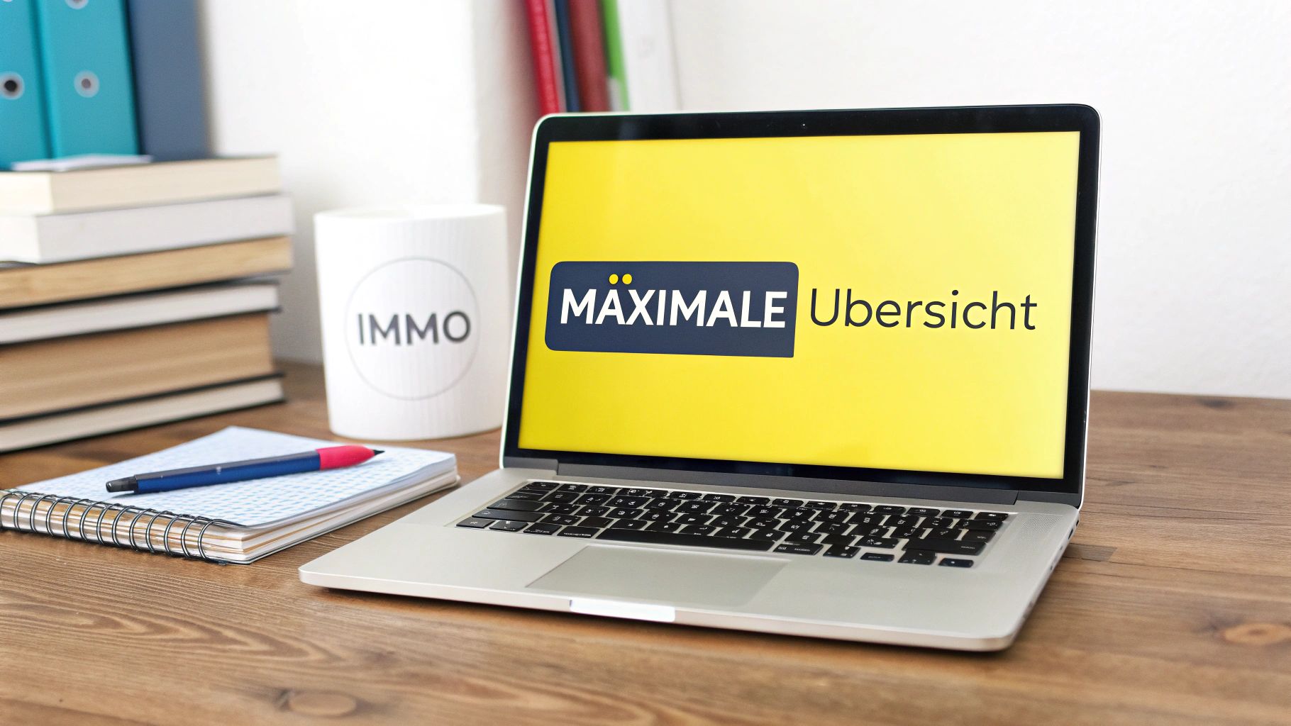 Schreibtisch mit Laptop, der die Worte 'MAXIMALE Übersicht' anzeigt, umgeben von Büchern und einer Tasse mit 'IMMO'.