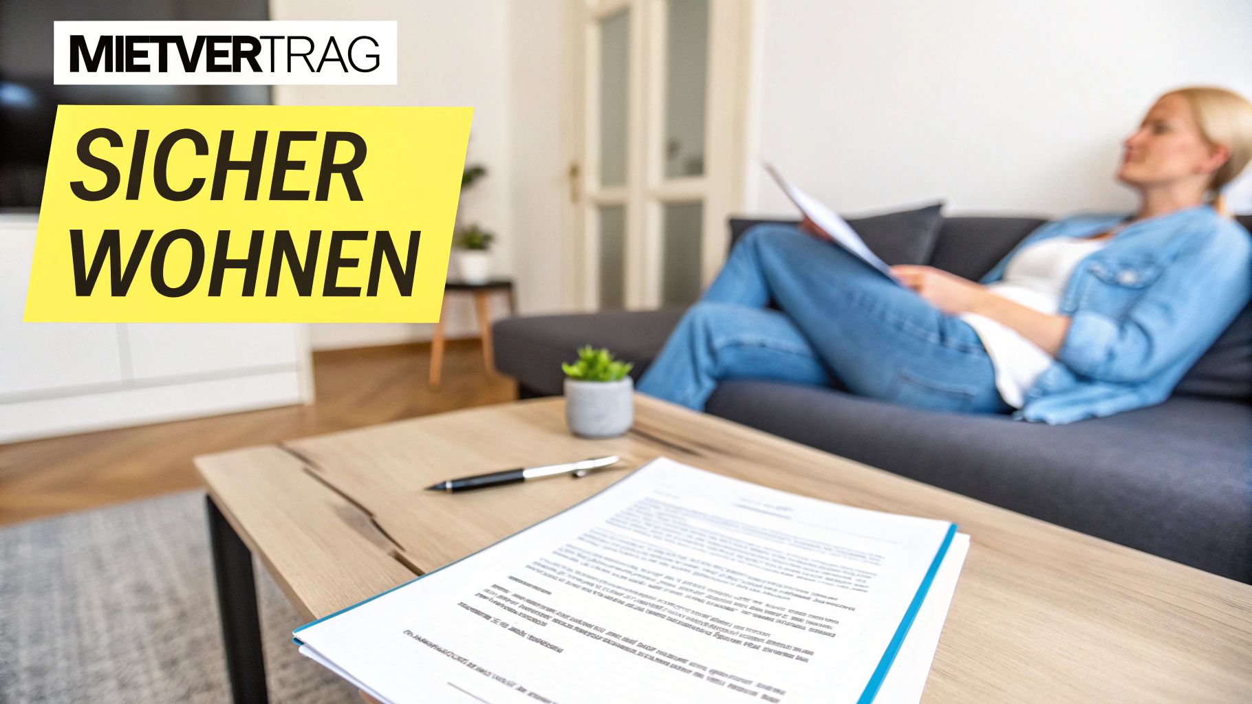 Entspannter Mieter liest Mietvertrag auf Sofa - sicheres Wohnen mit Wohnrecht und Mieterschutz