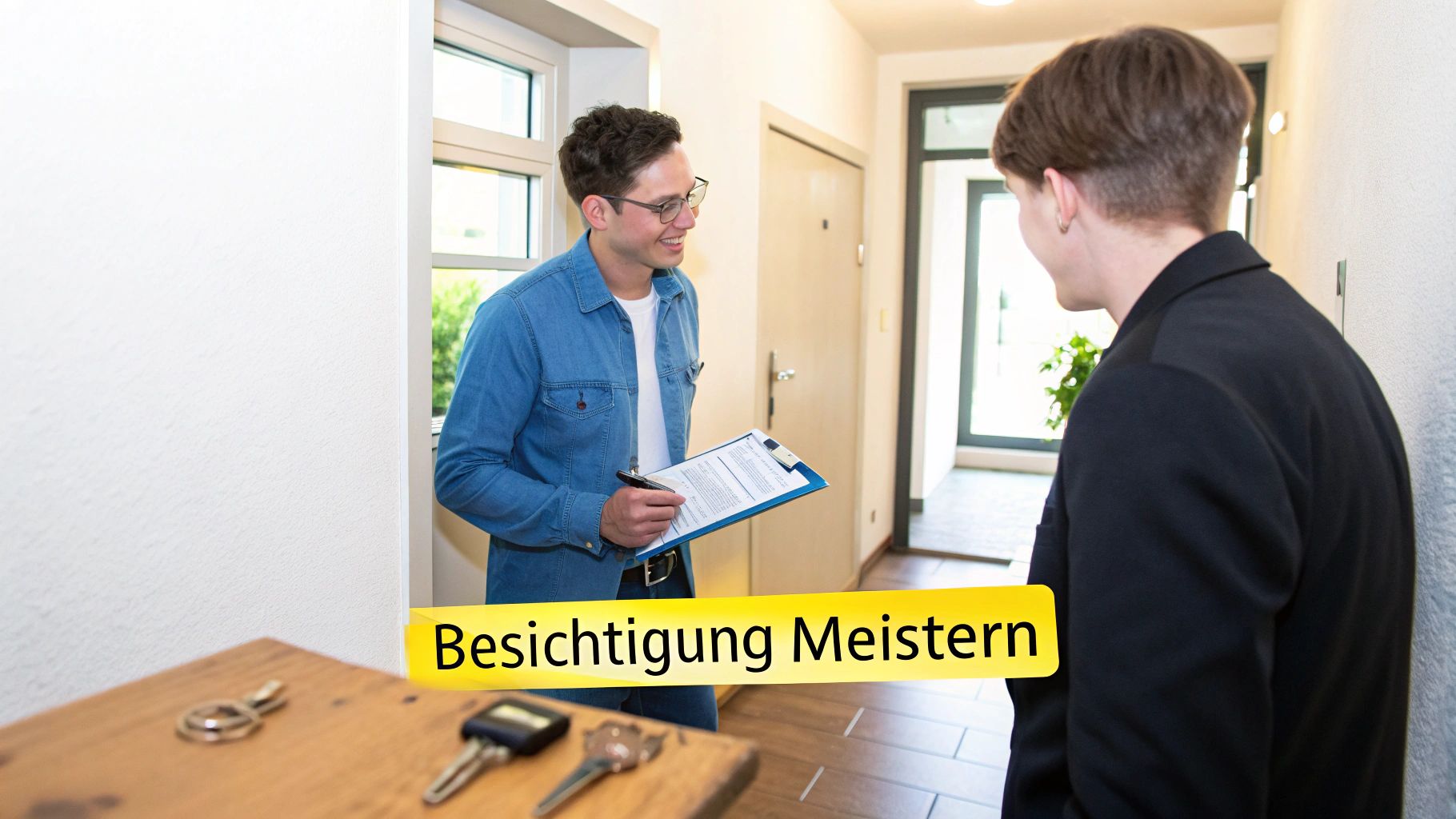 Ein Mann und eine Frau geben sich nach einer erfolgreichen Wohnungsbesichtigung die Hand in einer hellen Wohnung.