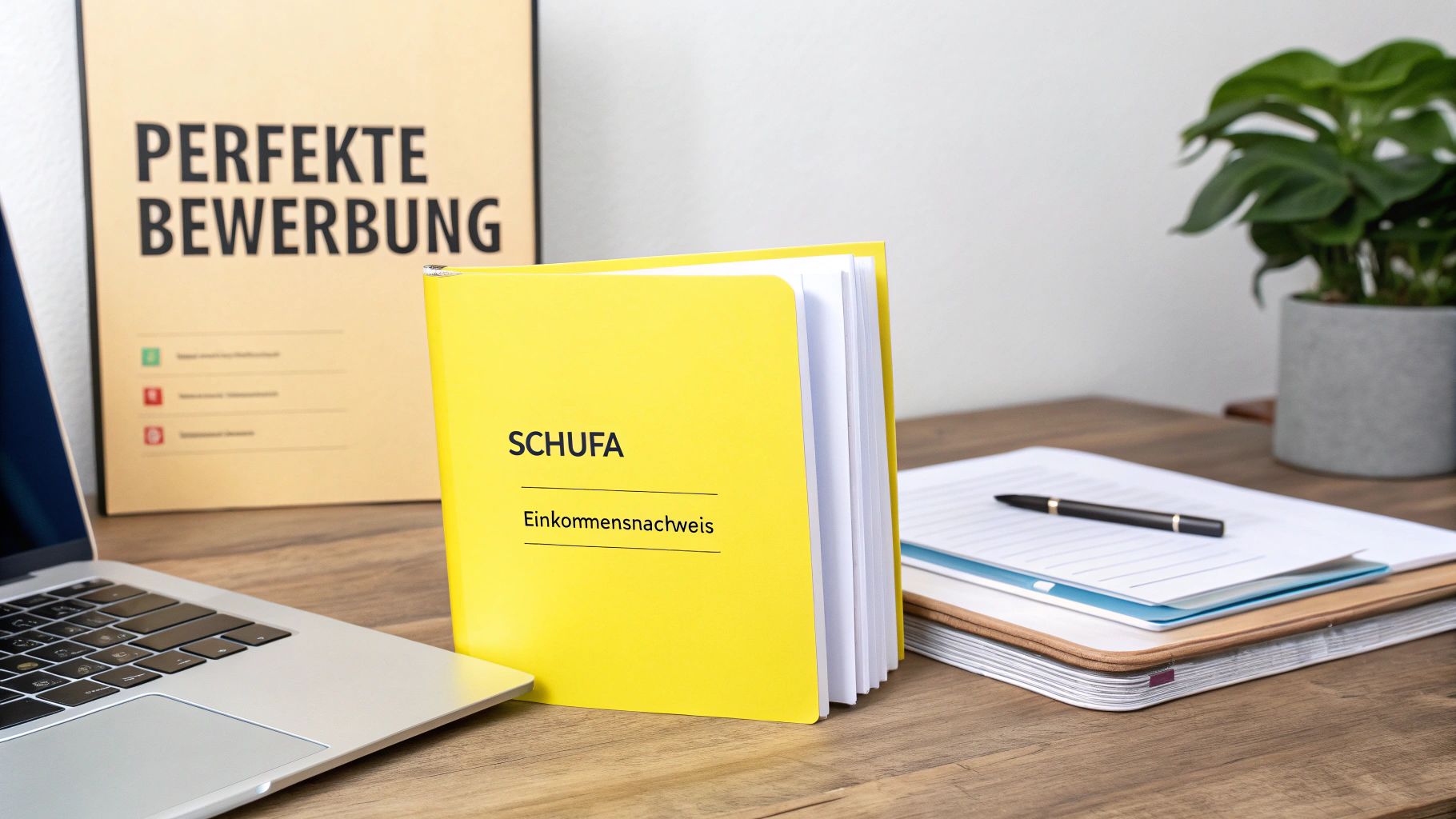 Schreibtisch mit Laptop, gelbem SCHUFA-Ordner, Bewerbungsunterlagen und Zimmerpflanze.