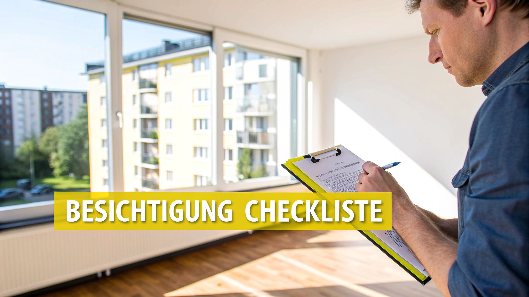 Ein Mann prüft eine Besichtigungs-Checkliste in einer hellen Wohnung mit Blick auf Stadtgebäude.