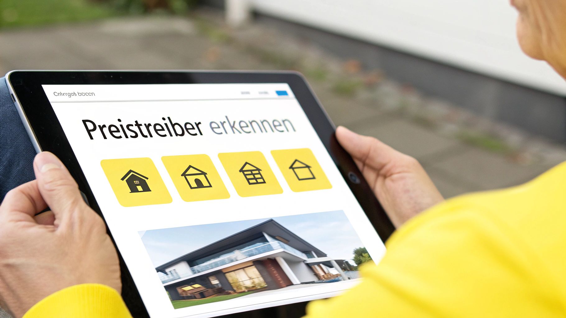 Eine Person hält ein Tablet, das eine Webseite über Immobilien und Preistreiber anzeigt, mit Haus-Icons und einem modernen Hausbild.