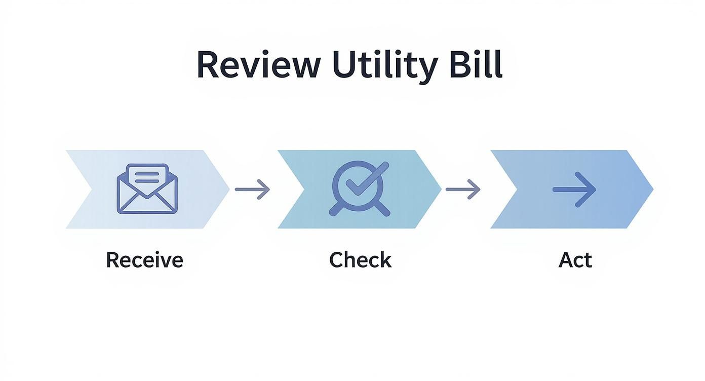 Infografik über den Prozess der Prüfung einer Nebenkostenabrechnung, mit den Schritten Erhalten, Prüfen und Handeln.