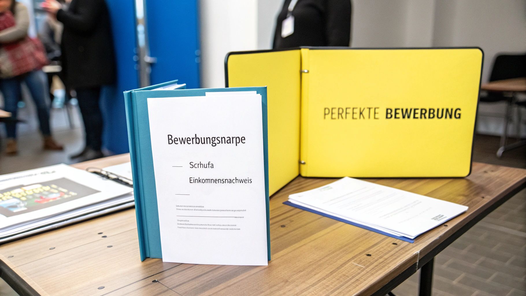 Auf einem Holztisch liegen eine blaue Bewerbungsmappe und ein gelber Ordner mit der Aufschrift 'Perfekte Bewerbung'.
