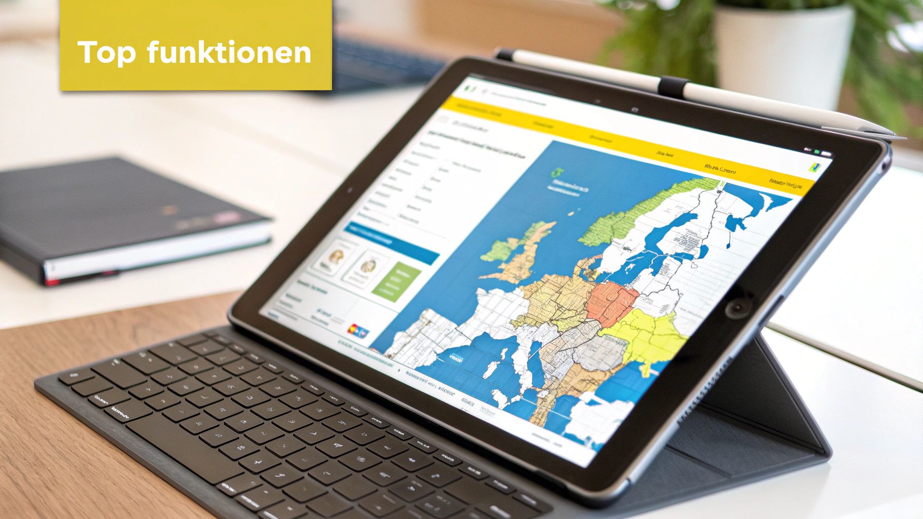 Eine Person überprüft eine Checkliste auf ihrem Smartphone, während im Hintergrund eine verschwommene Stadtansicht zu sehen ist.
