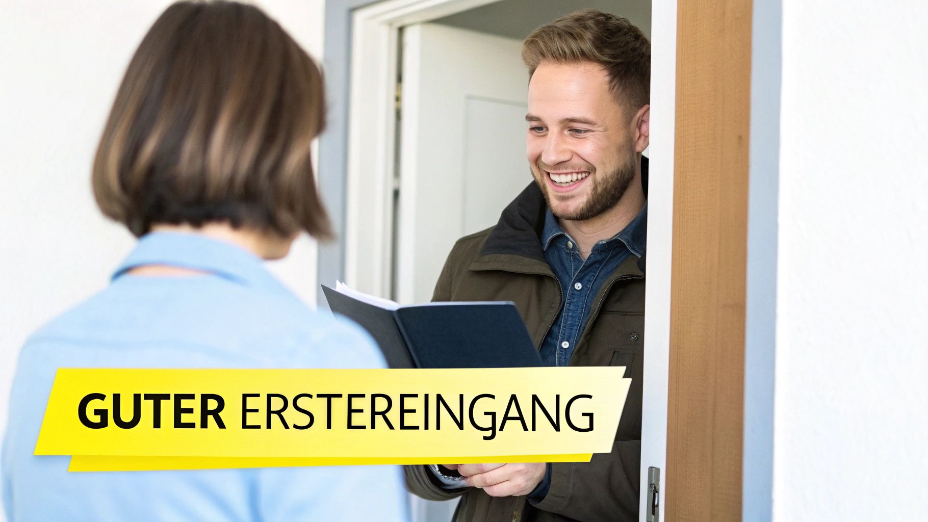 Lächelnder Mann mit Mappe im Türrahmen spricht mit einer Frau. Ein gelbes Banner mit 'GUTER ERSTEREINGANG' ist eingeblendet.