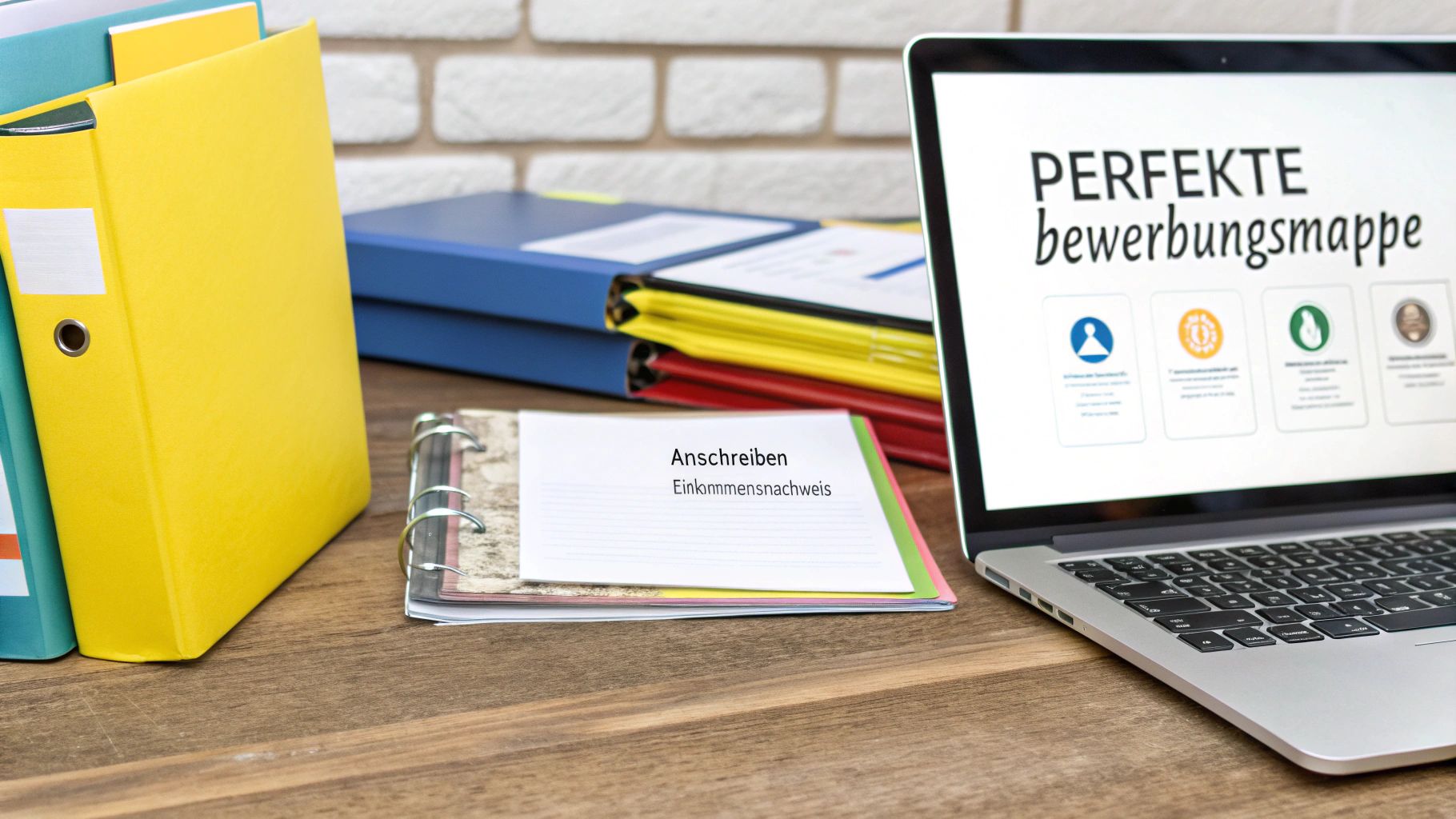 Eine Person sortiert Dokumente für eine Bewerbungsmappe an einem Schreibtisch