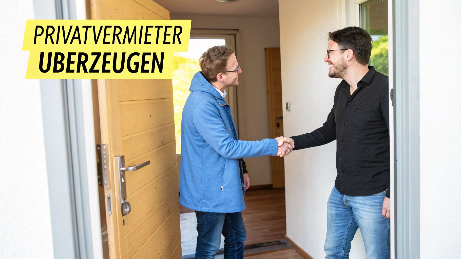 Zwei Personen schütteln sich die Hände vor einem Haus