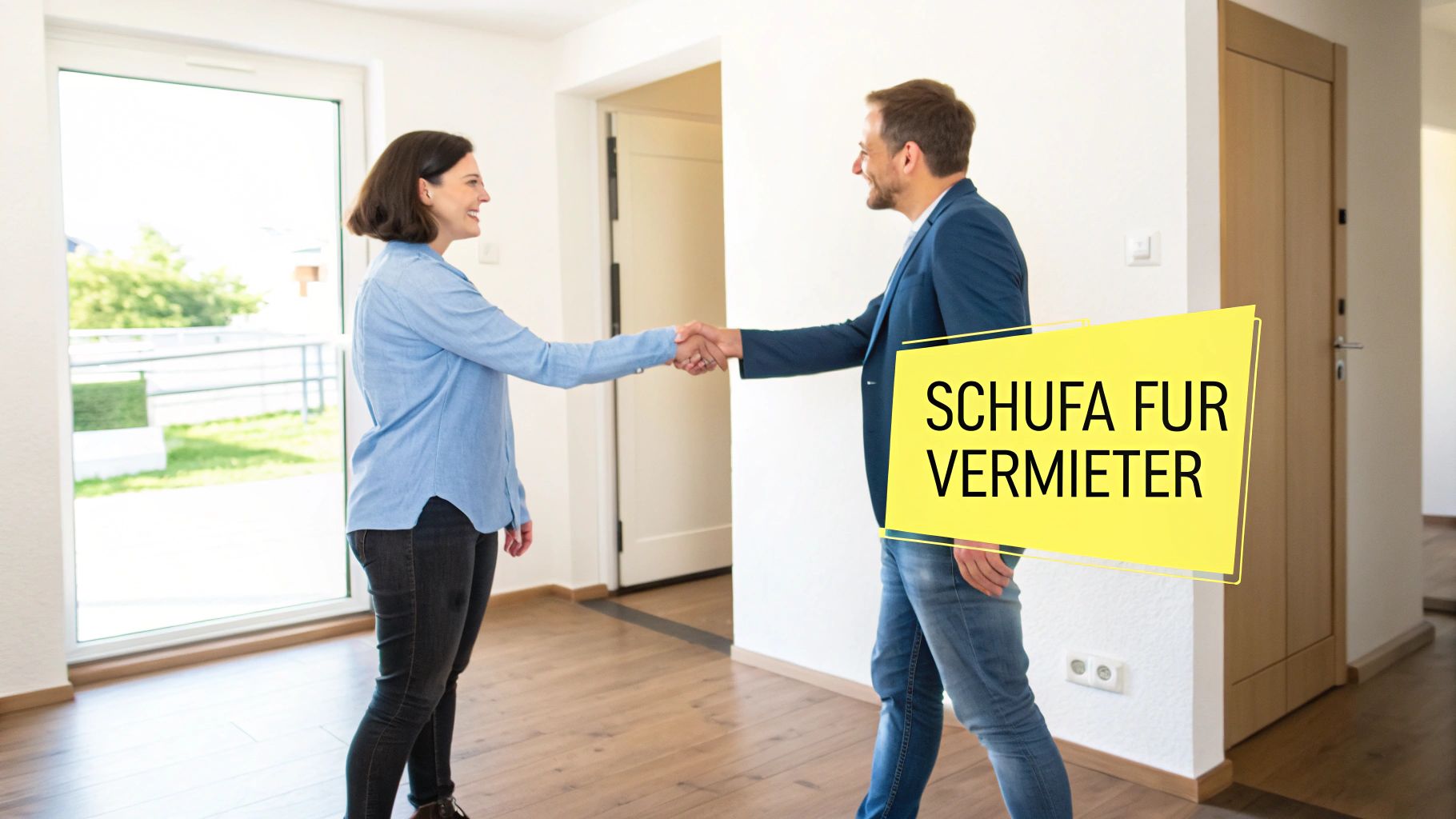 Zwei Personen, ein Mann und eine Frau, schütteln sich in einer leeren Wohnung die Hände, mit dem Text 'SCHUFA FÜR VERMIETER'.