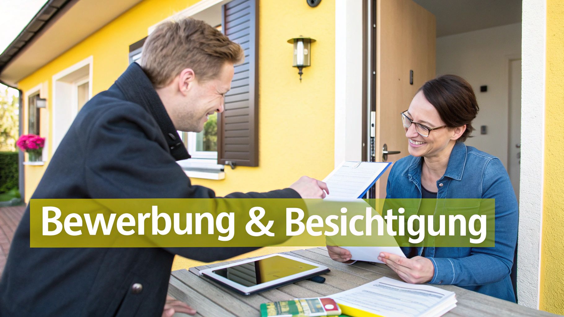 Ein lächelnder Mann übergibt einer lächelnden Frau Dokumente für eine Wohnungsbesichtigung und Bewerbung.