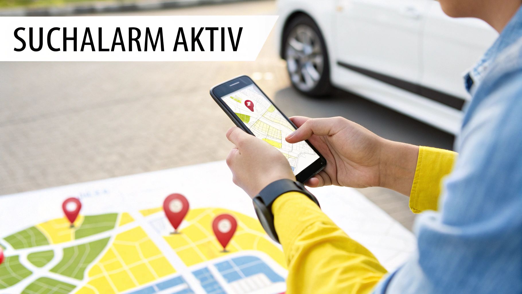 Person nutzt Smartphone und Karte, um einen Ort zu finden, mit Text 'SUCHALARM AKTIV'.