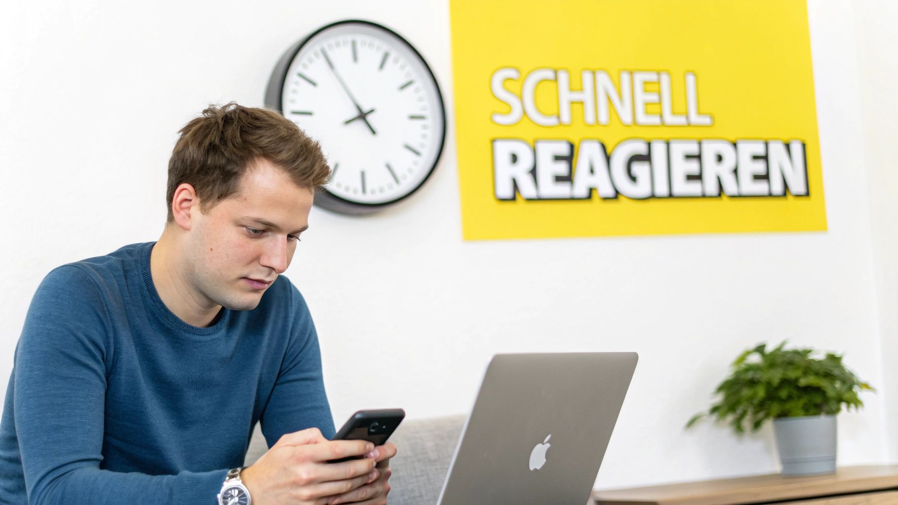Junger Mann sitzt vor einem Laptop, schaut auf sein Smartphone, mit Uhr und gelbem Schild im Hintergrund.