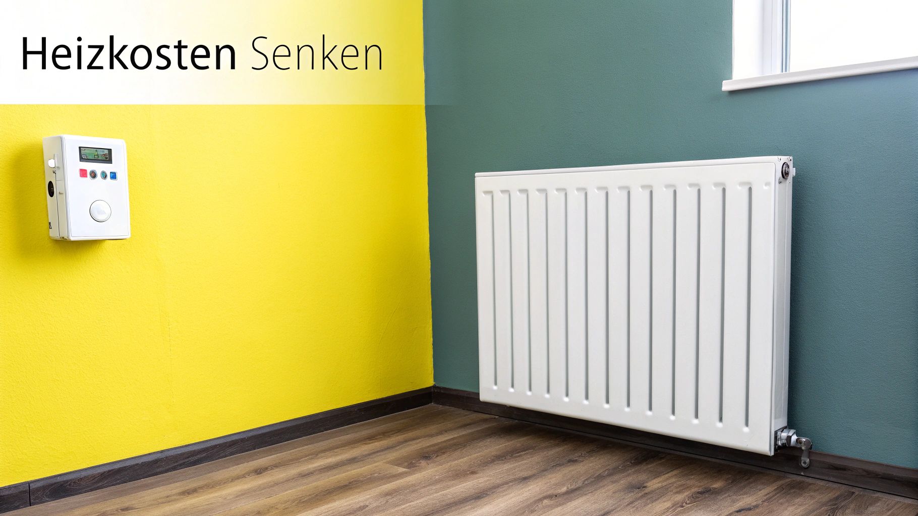 Eine Ecke eines modernen Raumes mit gelber und türkiser Wand, einem Heizkörper, Smart-Thermostat und dem Text 'Heizkosten Senken'.