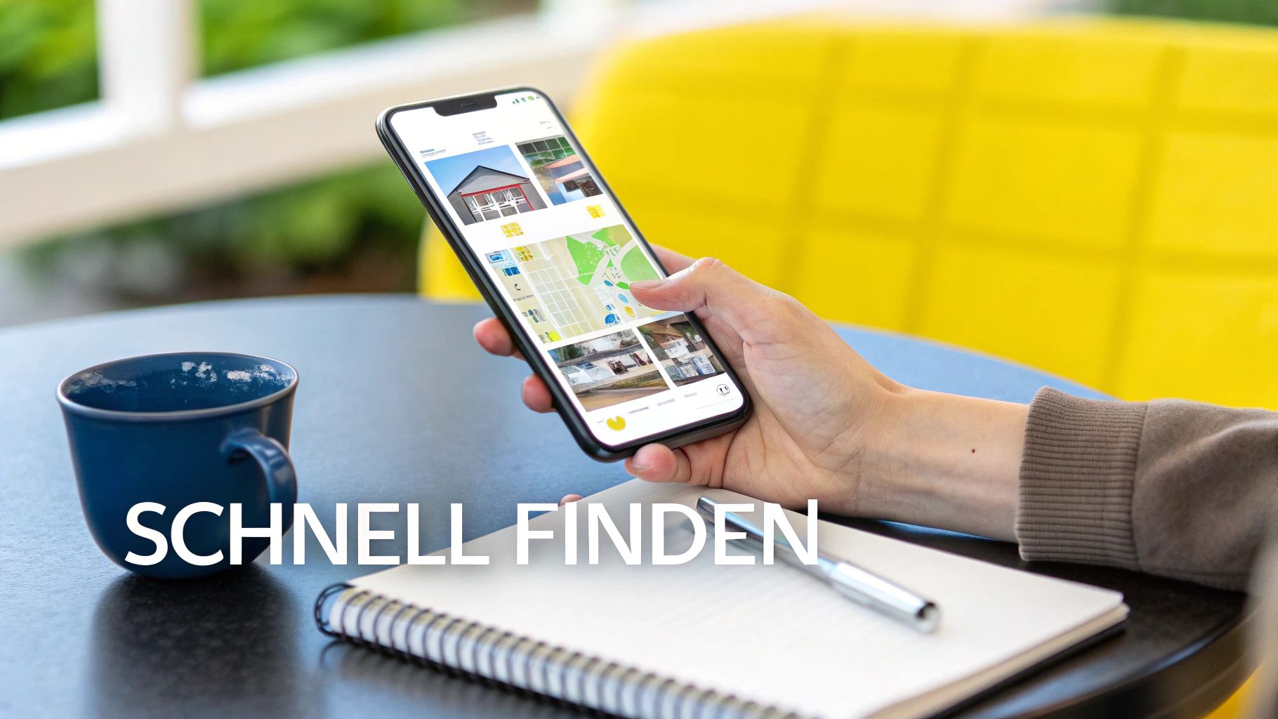 Person sucht Immobilien auf Smartphone mit Karte und Hausbildern. Tasse, Notizbuch und Stift auf Tisch.