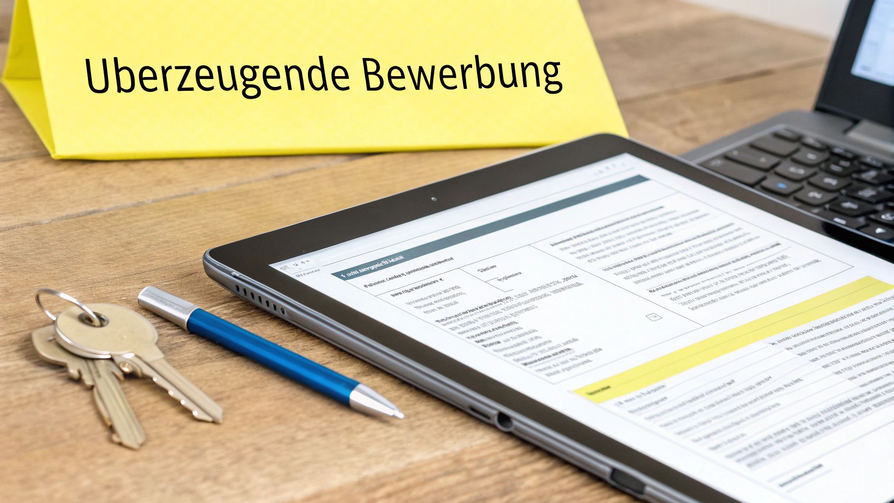 Eine Tablet-Anwendung für eine überzeugende Bewerbung mit Stift und Schlüsseln auf einem Holztisch.