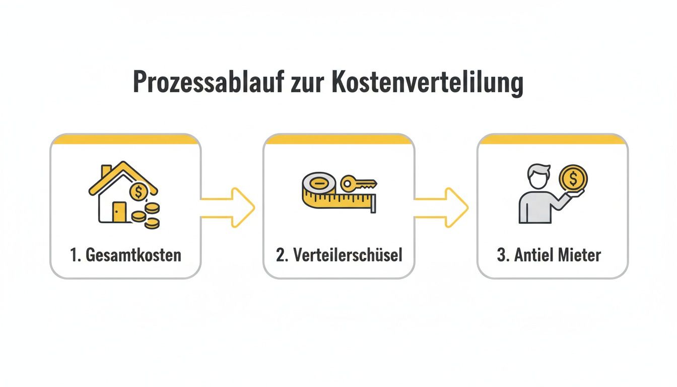 Ein Prozessablauf zur Kostenverteilung, dargestellt in drei Schritten: Gesamtkosten, Verteilerschlüssel und Anteil des Mieters.