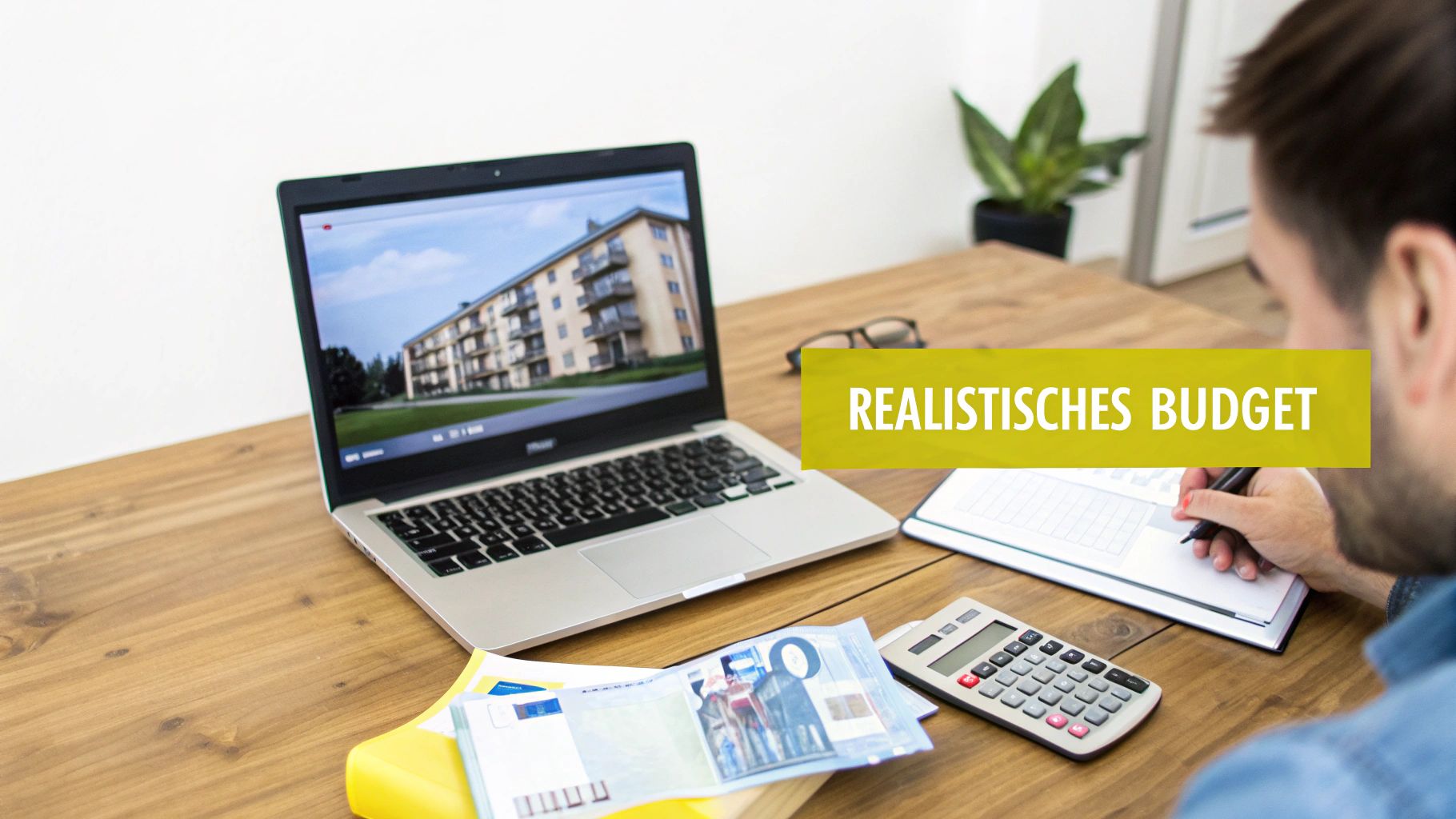 Ein Mann plant sein realistisches Budget für die Wohnungssuche am Laptop mit Notizen und Taschenrechner.