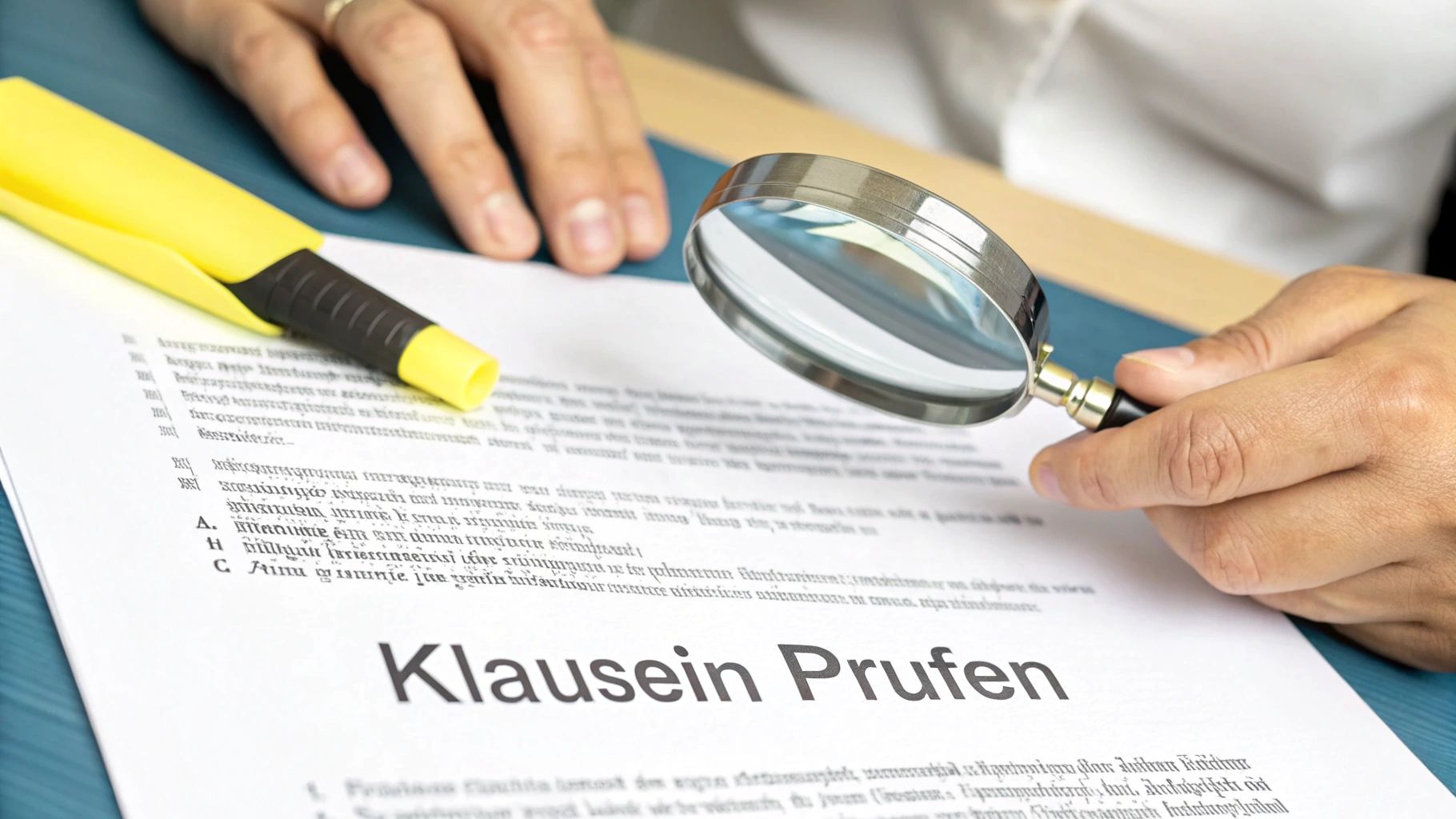 Eine Person prüft ein Dokument mit einer Lupe und einem Textmarker. Der Titel ist 'Klauseln Prüfen'.