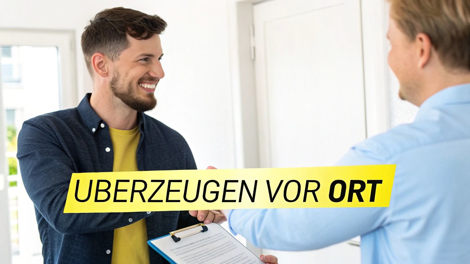 Zwei lächelnde Männer unterhalten sich, einer hält ein Klemmbrett. Ein Banner verkündet: Überzeugen vor Ort.