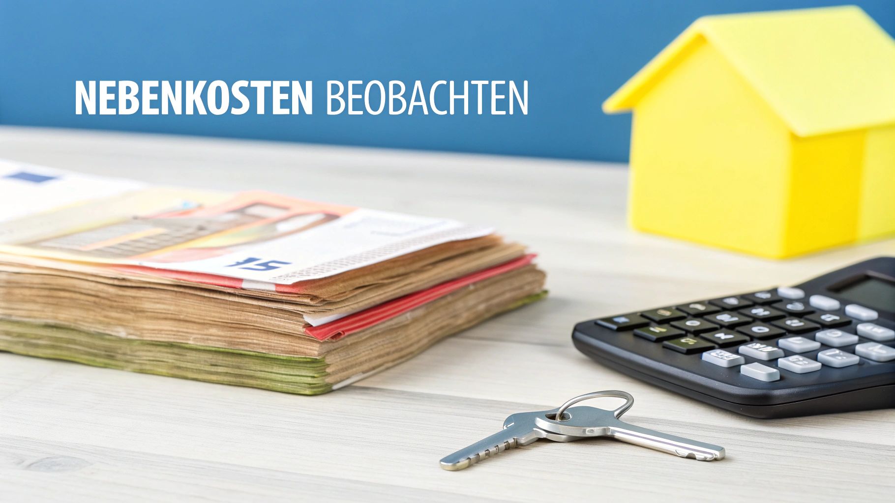 Auf einem Holztisch liegen Euroscheine, ein Taschenrechner, Schlüssel und ein gelbes Hausmodell. Text: Nebenkosten beobachten.