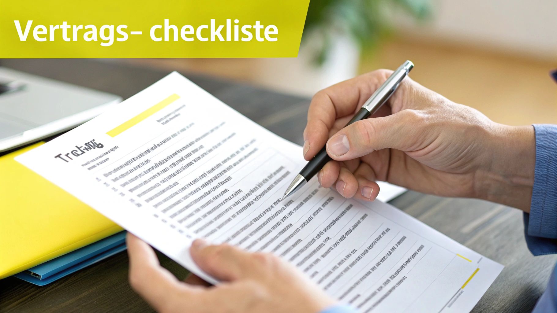 Eine Person prüft mit einem Stift eine Vertragscheckliste, mit dem Text 'Vertrags- checkliste' im Bild.