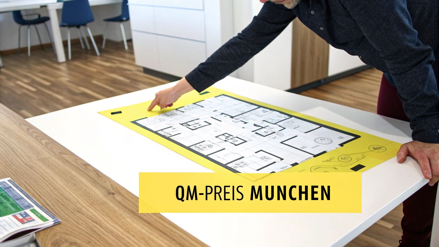 Eine Person analysiert einen Immobilien-Grundriss auf einem weißen Tisch, mit dem Text 'QM-PREIS MUNCHEN'.