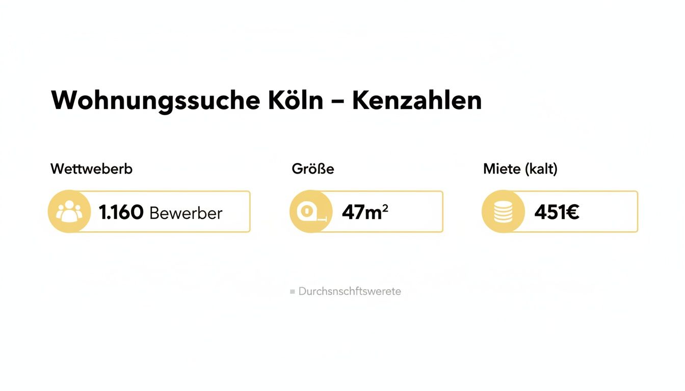 Grafik mit Kennzahlen zur Wohnungssuche in Köln: 1.160 Bewerber, 47m² Wohnungsgröße, 451€ Kaltmiete.