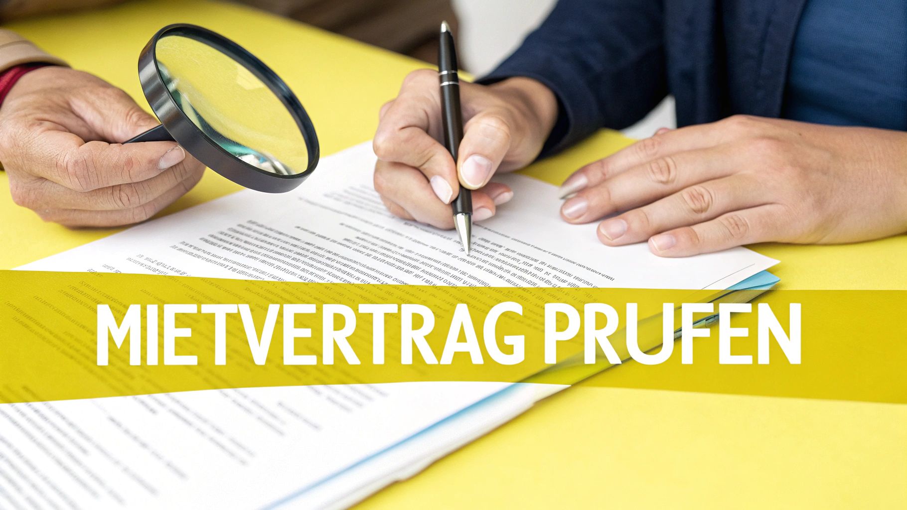 Eine Person unterschreibt einen Mietvertrag an einem Tisch, auf dem auch Schlüssel und ein Laptop liegen.