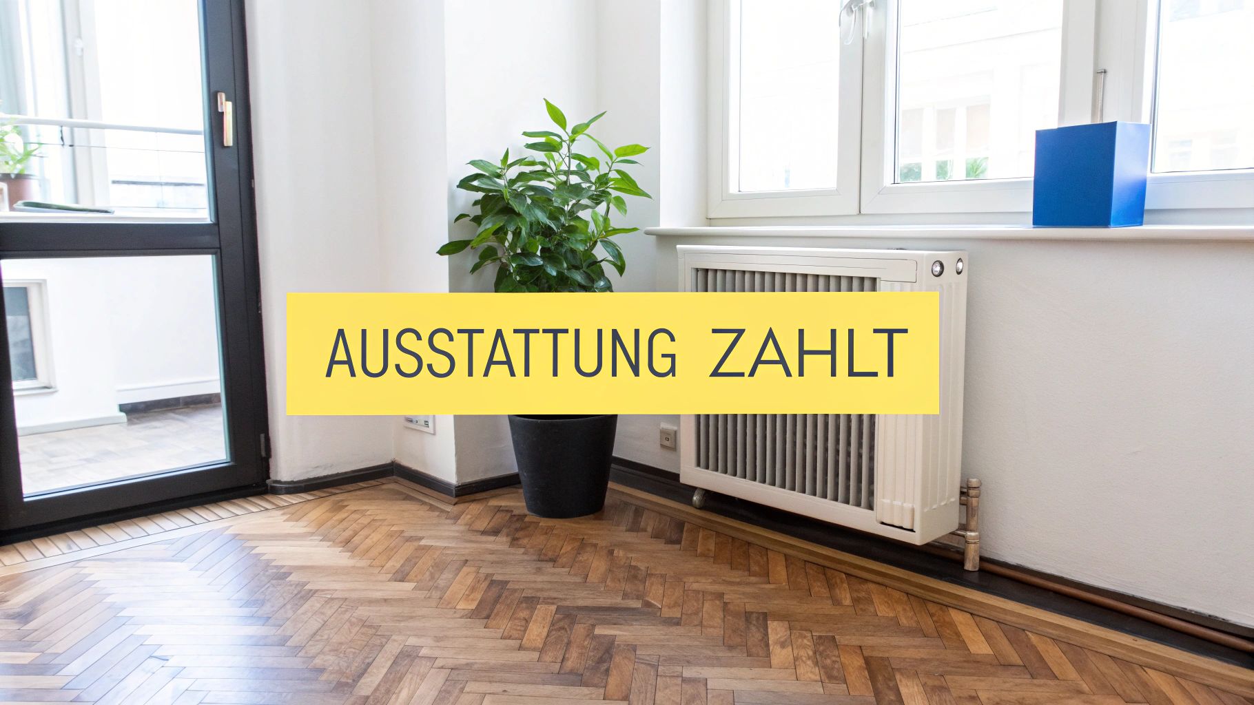 Ein heller Raum mit Fischgrätparkett, großen Fenstern, einer Zimmerpflanze und einem Heizkörper.