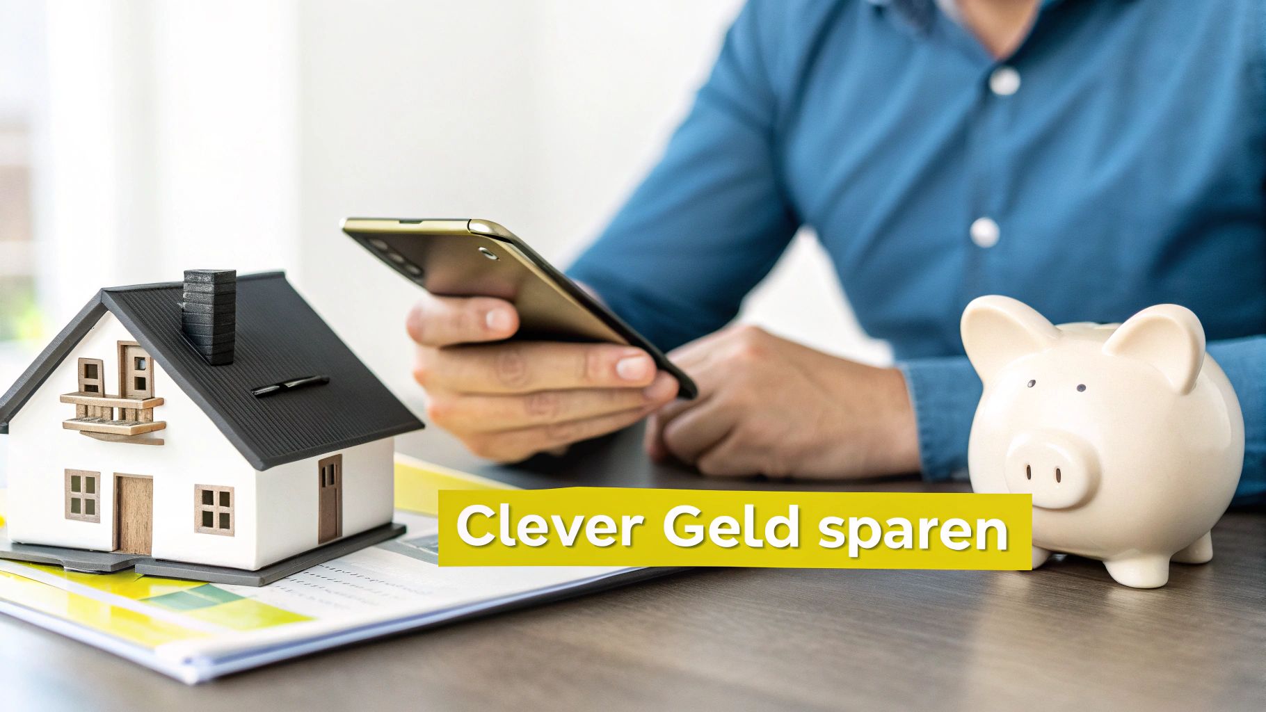 Person nutzt Smartphone, daneben Modellhaus und Sparschwein. Text: 'Clever Geld sparen'.