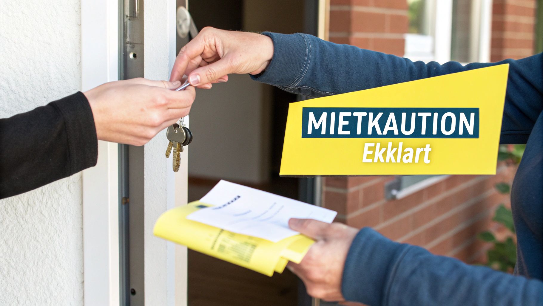Hände übergeben Schlüssel und Dokumente vor einer Haustür mit dem Banner 'MIETKAUTION Erklart'.