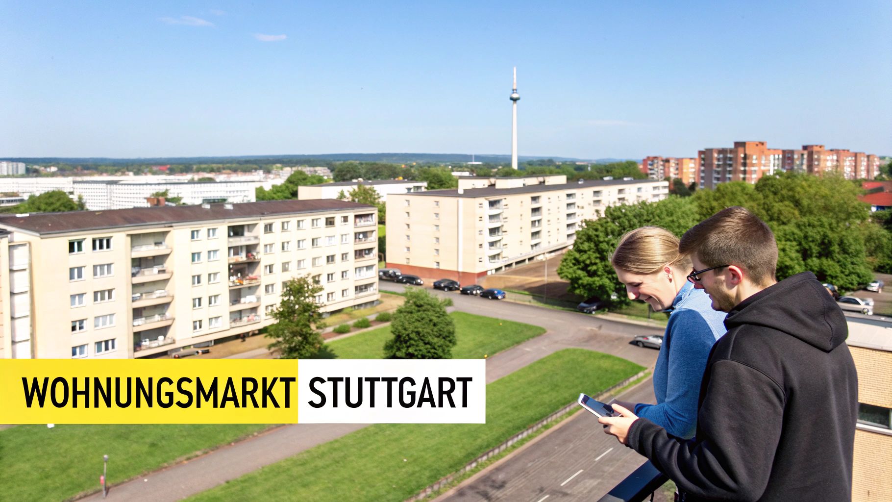 Blick über Stuttgarter Wohngebäude mit Fernsehturm im Hintergrund; zwei Personen betrachten ein Smartphone.