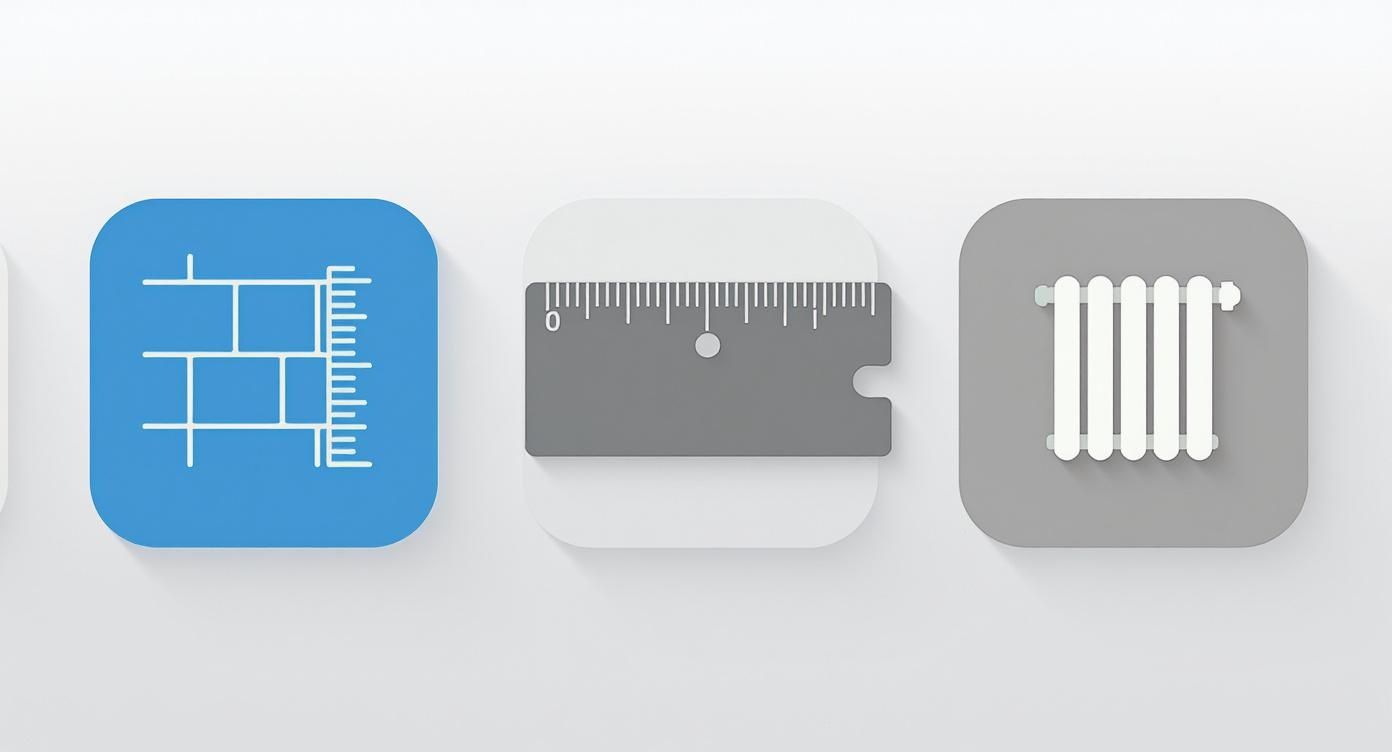 Drei Icons: eine gemauerte Wand mit Messskala, ein Lineal und ein Heizkörper, dargestellt auf hellem Hintergrund.