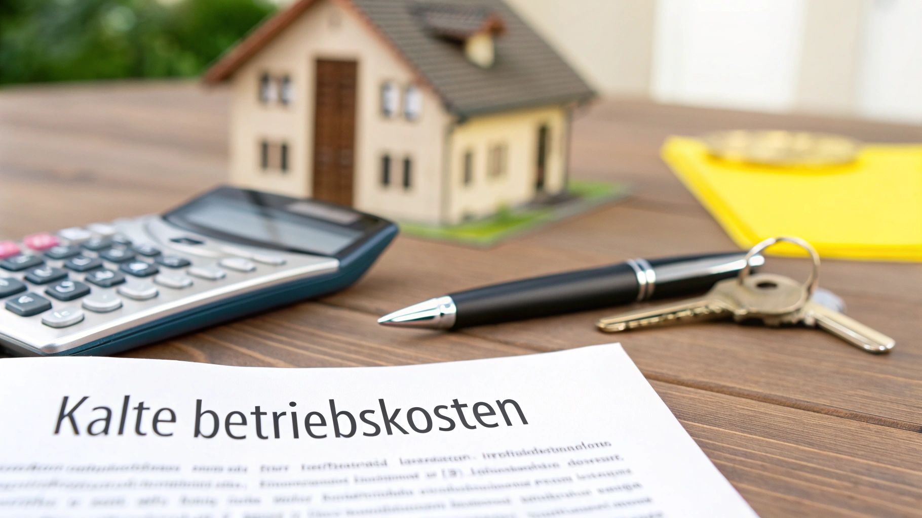 Ein Rechner, Stift, Schlüssel und ein Dokument mit 'Kalte betriebskosten' auf einem Holztisch.