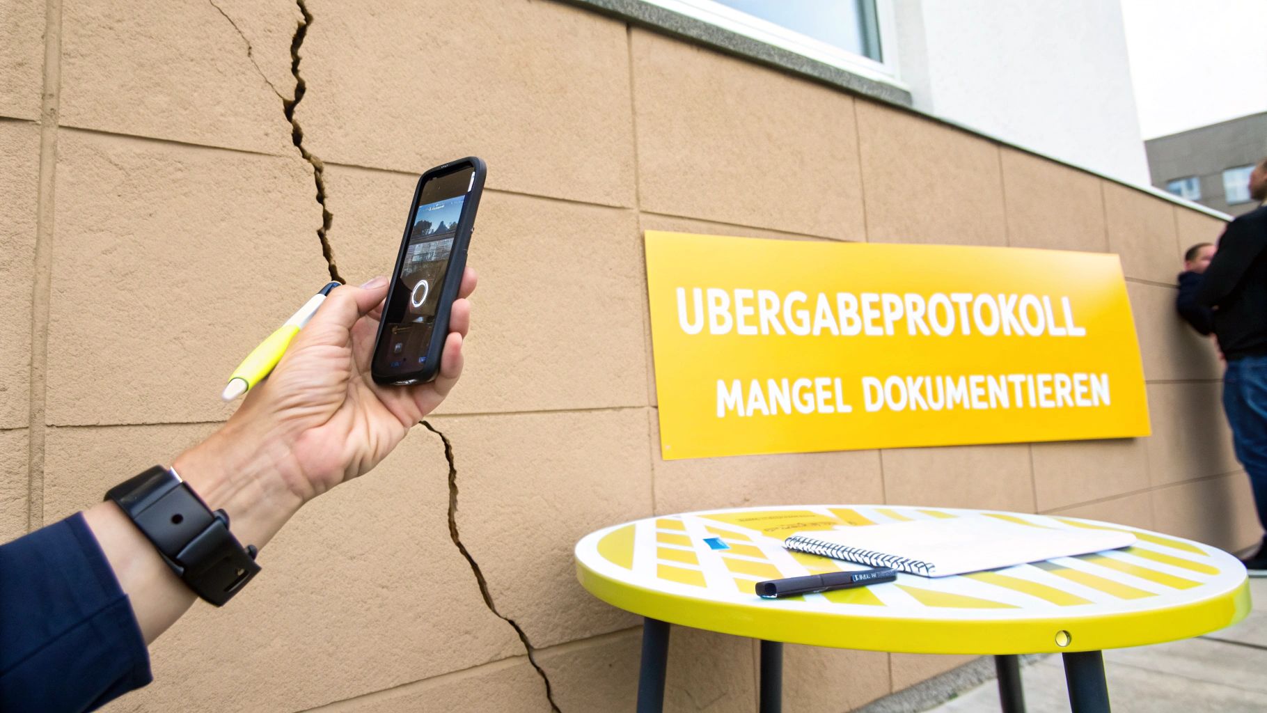 Eine Hand fotografiert mit einem Smartphone einen Riss in einer Gebäudewand und ein gelbes Schild zur Mängeldokumentation.