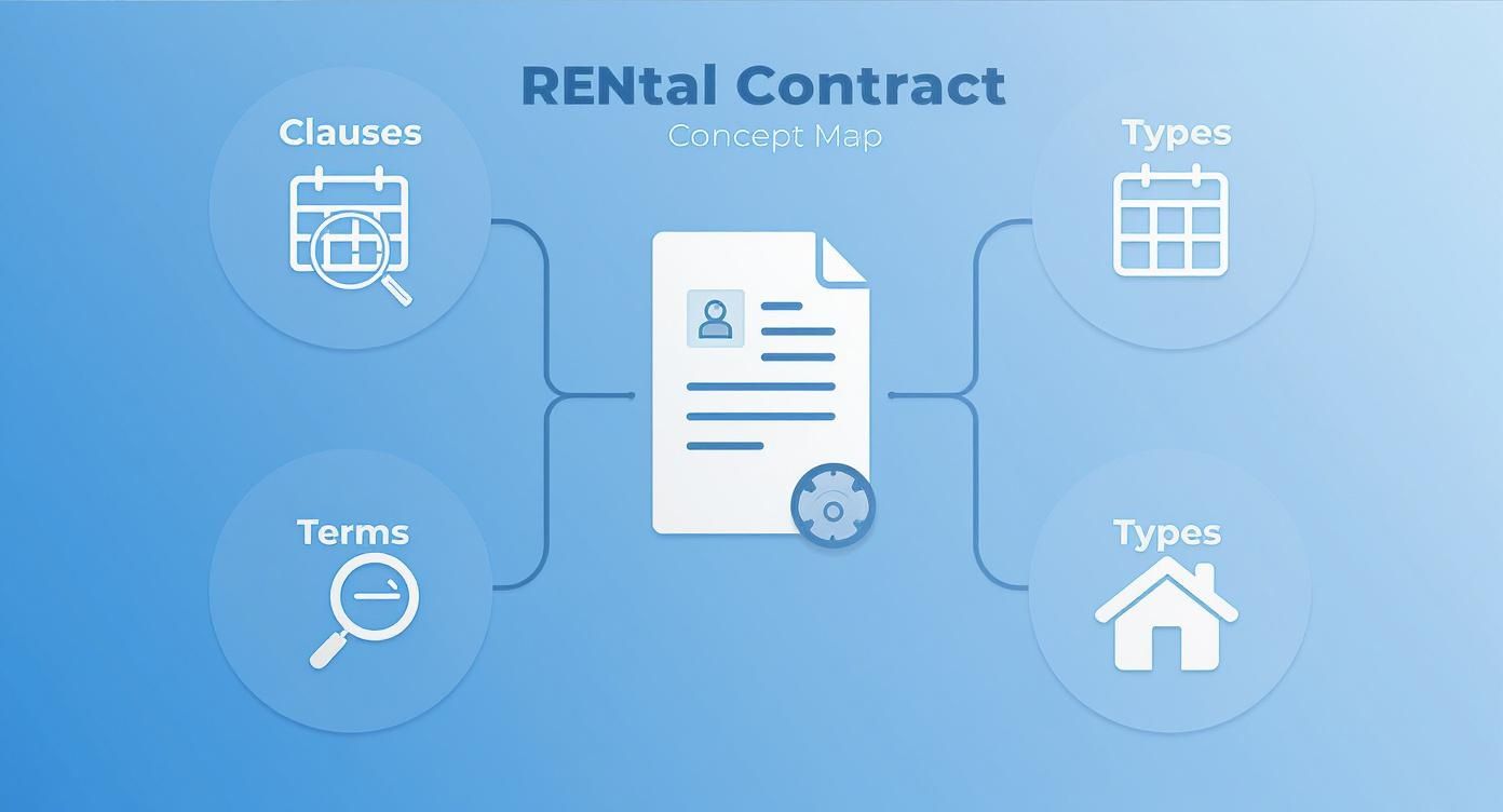 Konzeptkarte für Mietverträge zeigt Klauseln, Bedingungen, Vertragstypen und Immobilienarten in visueller Darstellung