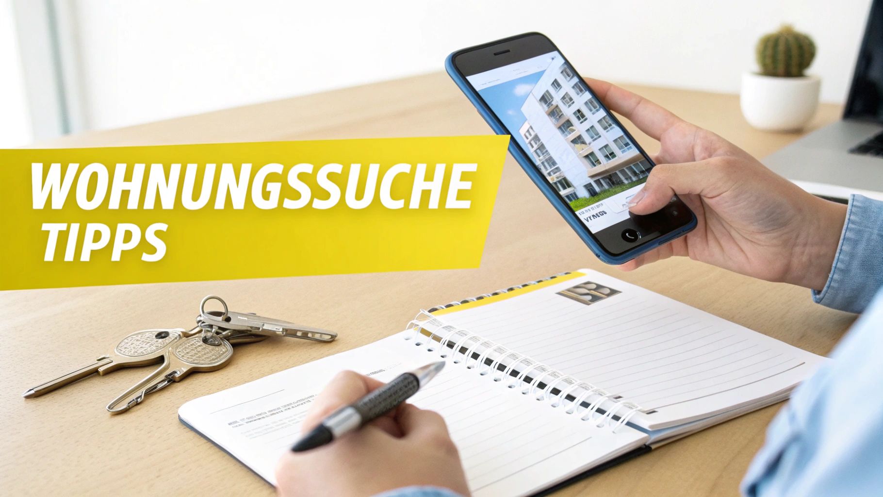 Person sucht Wohnungen auf dem Smartphone und macht Notizen in einem Notizbuch. Ein Bund Schlüssel und ein Banner mit der Aufschrift "WOHNUNGSSUCHE TIPPS" liegen auf dem Tisch.