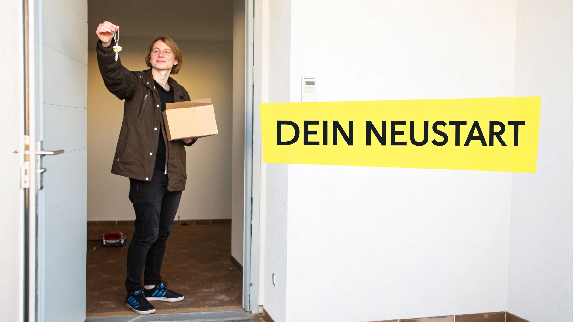 Ein junger Mann packt Umzugskartons in seiner neuen Wohnung aus, die Sonne scheint durchs Fenster.
