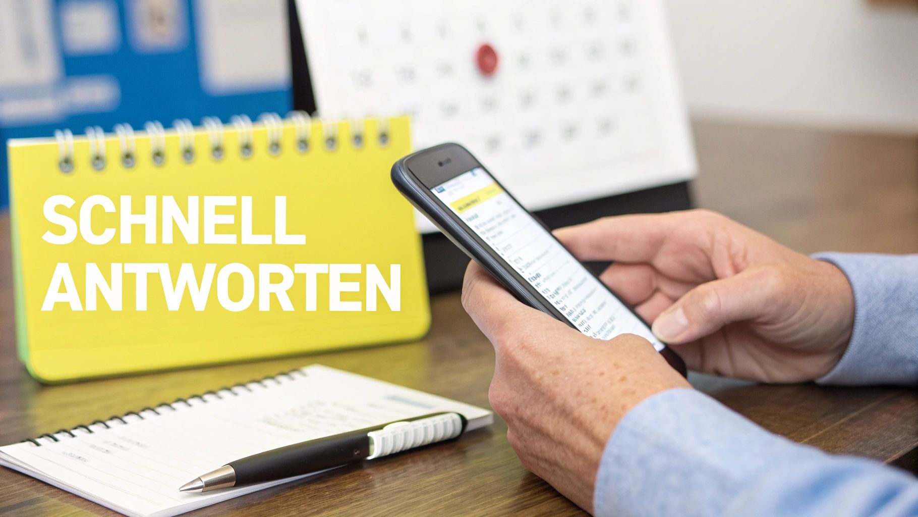 Person nutzt Smartphone für schnelle Antworten auf Wohnungsgesuche, Notizblock und Stift auf Schreibtisch