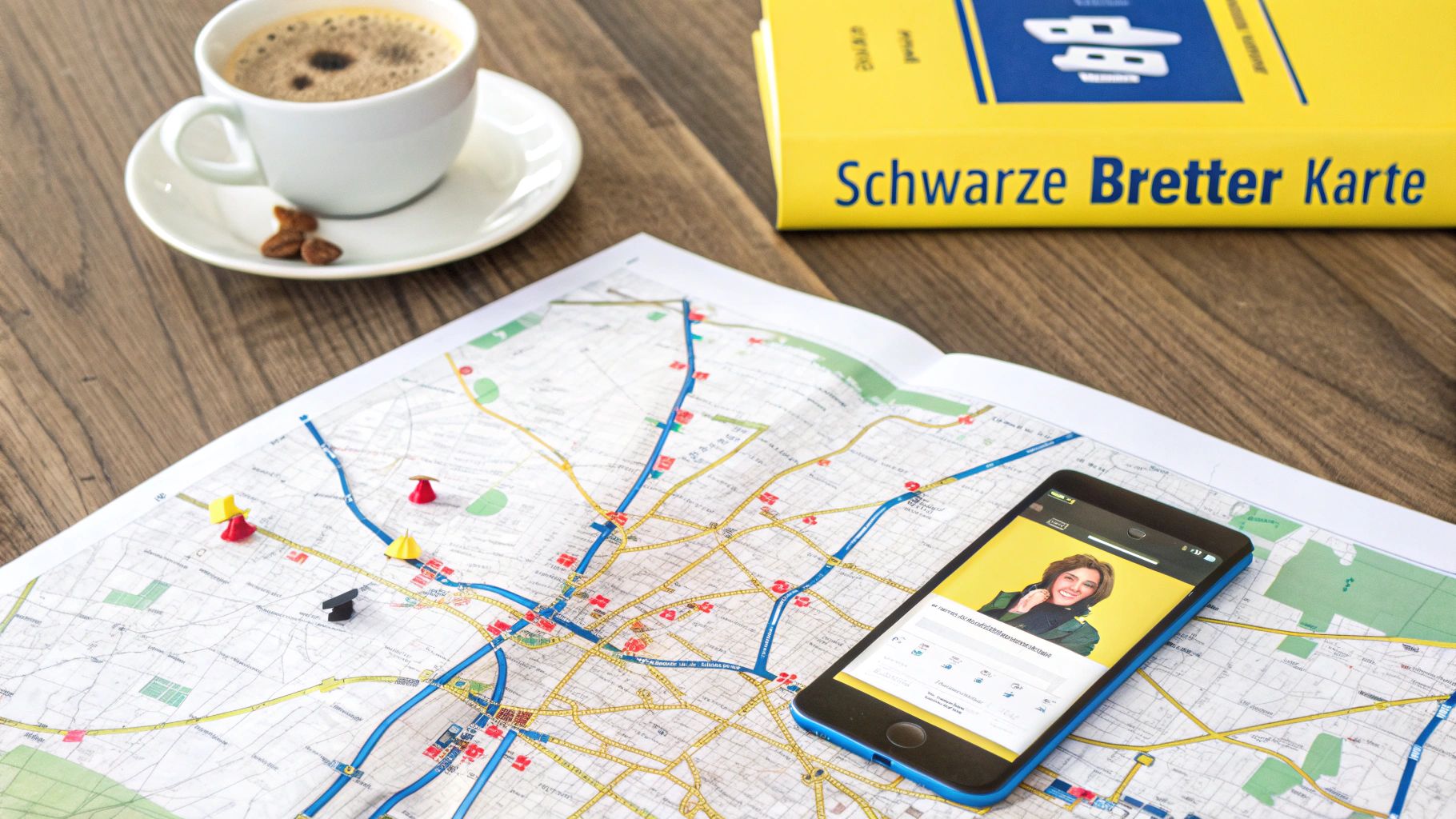 Karte mit Stecknadeln, Smartphone mit Profil, Kaffeetasse und Buch 'Schwarze Bretter Karte' auf Holztisch.